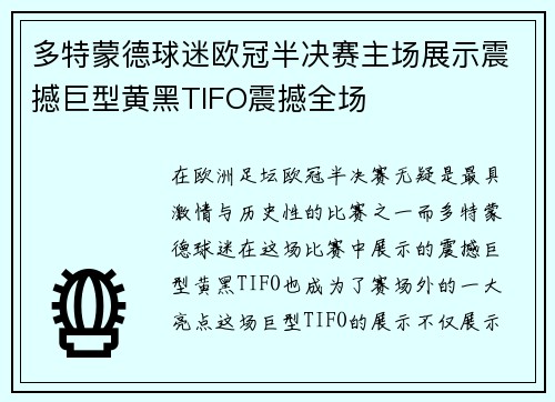 多特蒙德球迷欧冠半决赛主场展示震撼巨型黄黑TIFO震撼全场